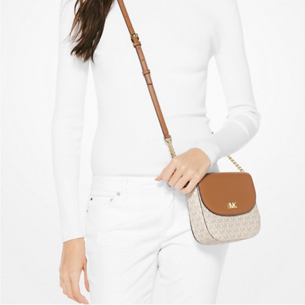 Michael Kors Mott Logo Dome Crossbody Purse Tan Leather Cream Logo Gold Tone